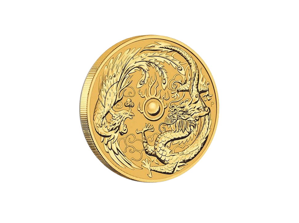 Buy original gold coins Australia 1 oz Dragon and Phoenix 2018 Gold with Bitcoin!