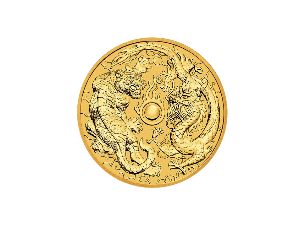 Buy original gold coins Australia 1 oz Dragon and Tiger 2019 Gold with Bitcoin!