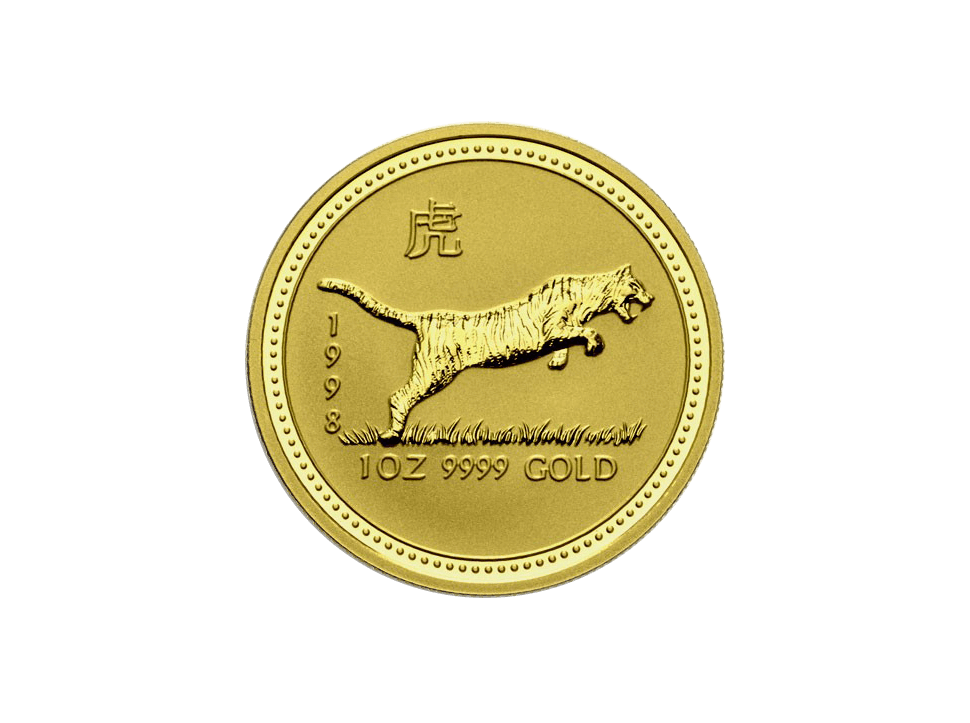 Buy original gold coins Australia 1 oz Lunar I 1998 Tiger Gold Coin with Bitcoin!