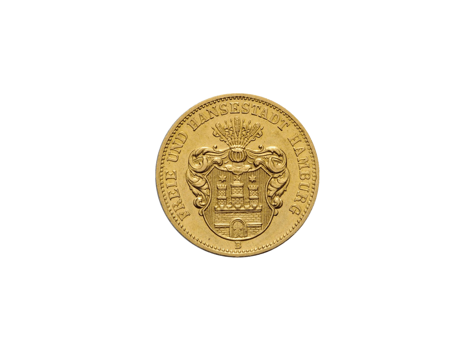 Buy original gold coins Free and Hanseatic City of Hamburg, coat of arms 10 Mark 1873 B with Bitcoin!