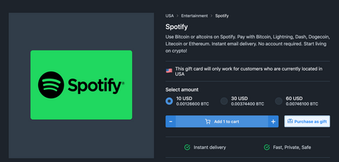 Buy spotify gift cards with Bitcoin