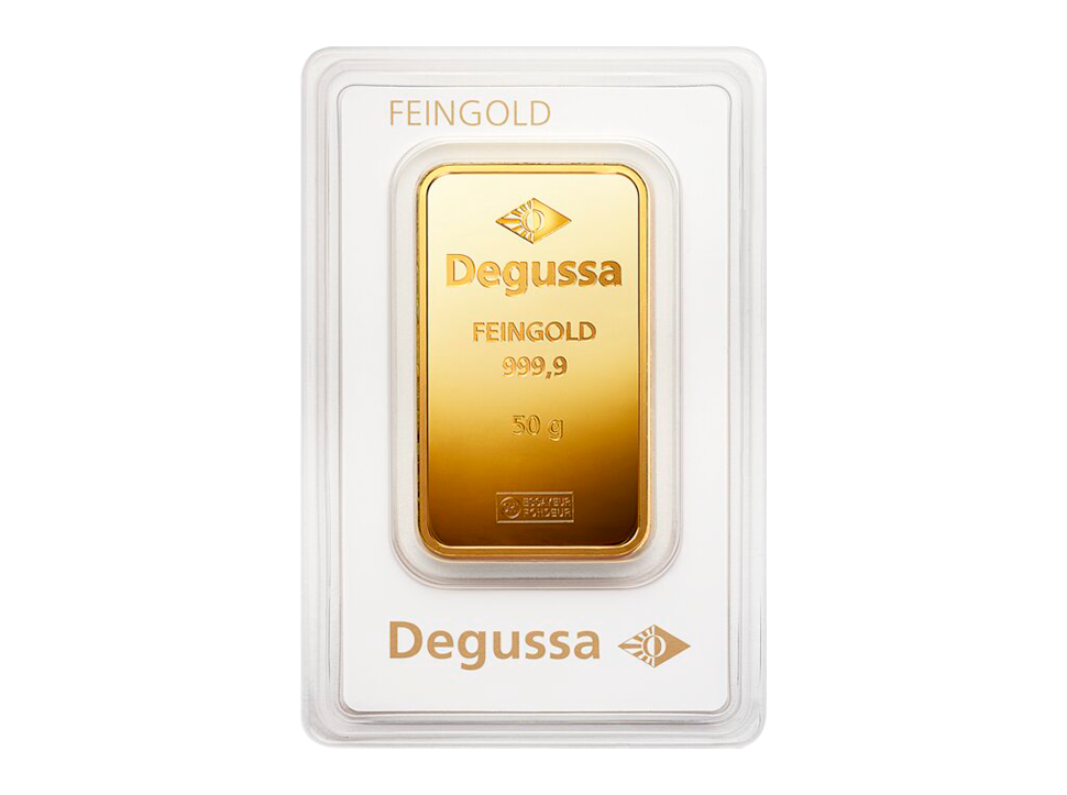  BitDials | Buy original Degussa Gold Bar (embossed) 50 g with Bitcoin!