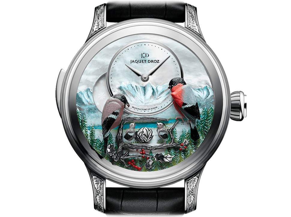 Buy original Jaquet Droz Bird repeater alpine view J031034205 with Bitcoins!