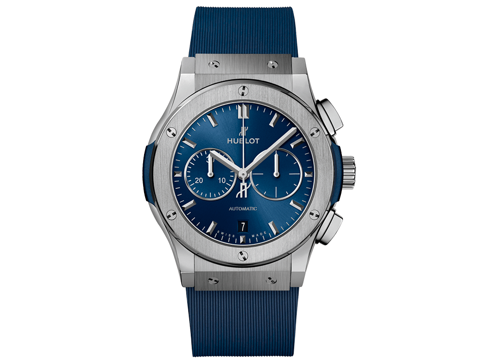 Buy original Hublot Classic Fusion chronograph titanium blue 541.NX.7170.RX with Bitcoin!