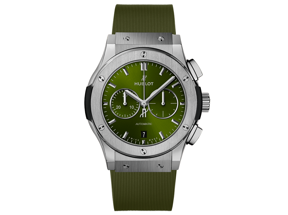 Buy original Hublot Classic Fusion chronograph titanium green 541.NX.8970.RX with Bitcoin!