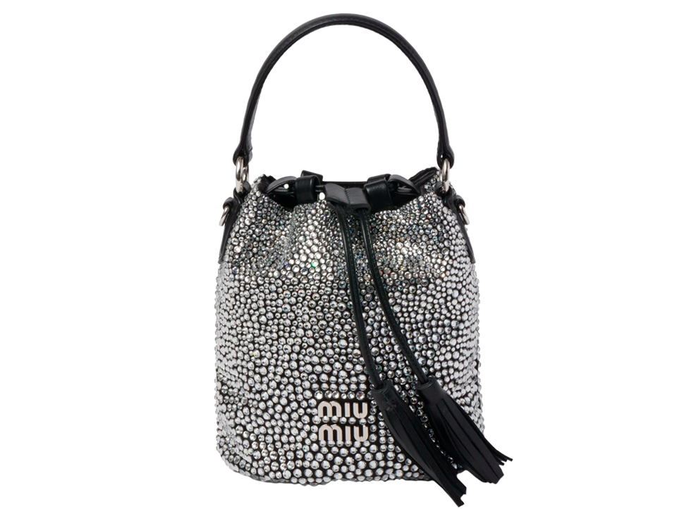 Buy original Miu Miu crystal-embellished satin bucket bag with Bitcoins!