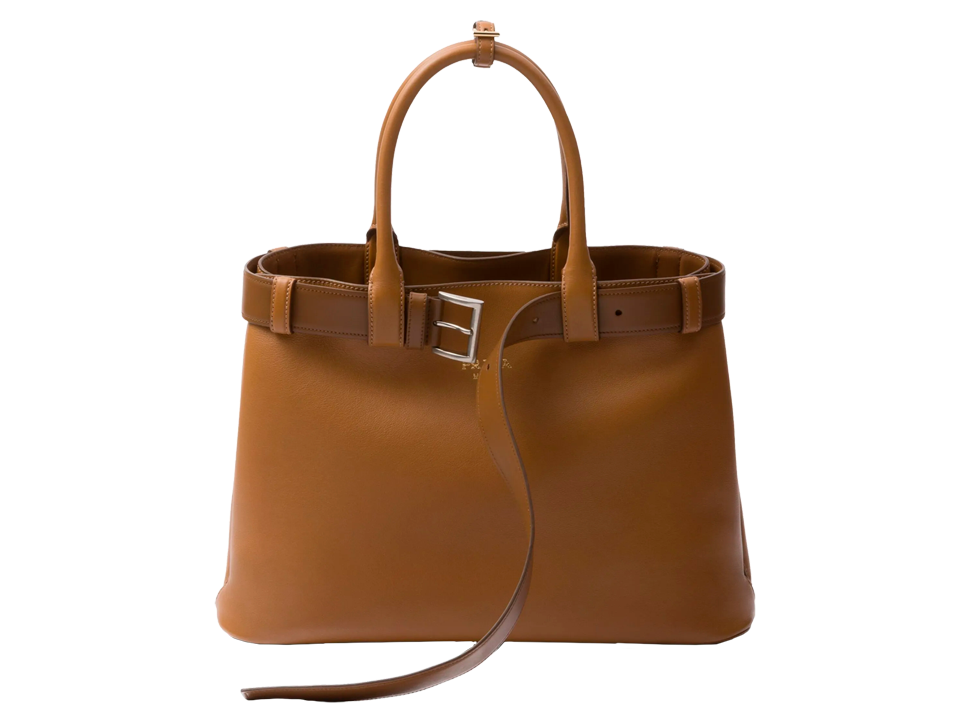 Buy original Prada large belted leather handbag caramel brown with Bitcoins!